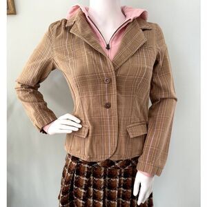 Vintage Y2k Pastel Pink Tan Plaid Layered Hoodie Blazer size Juniors S